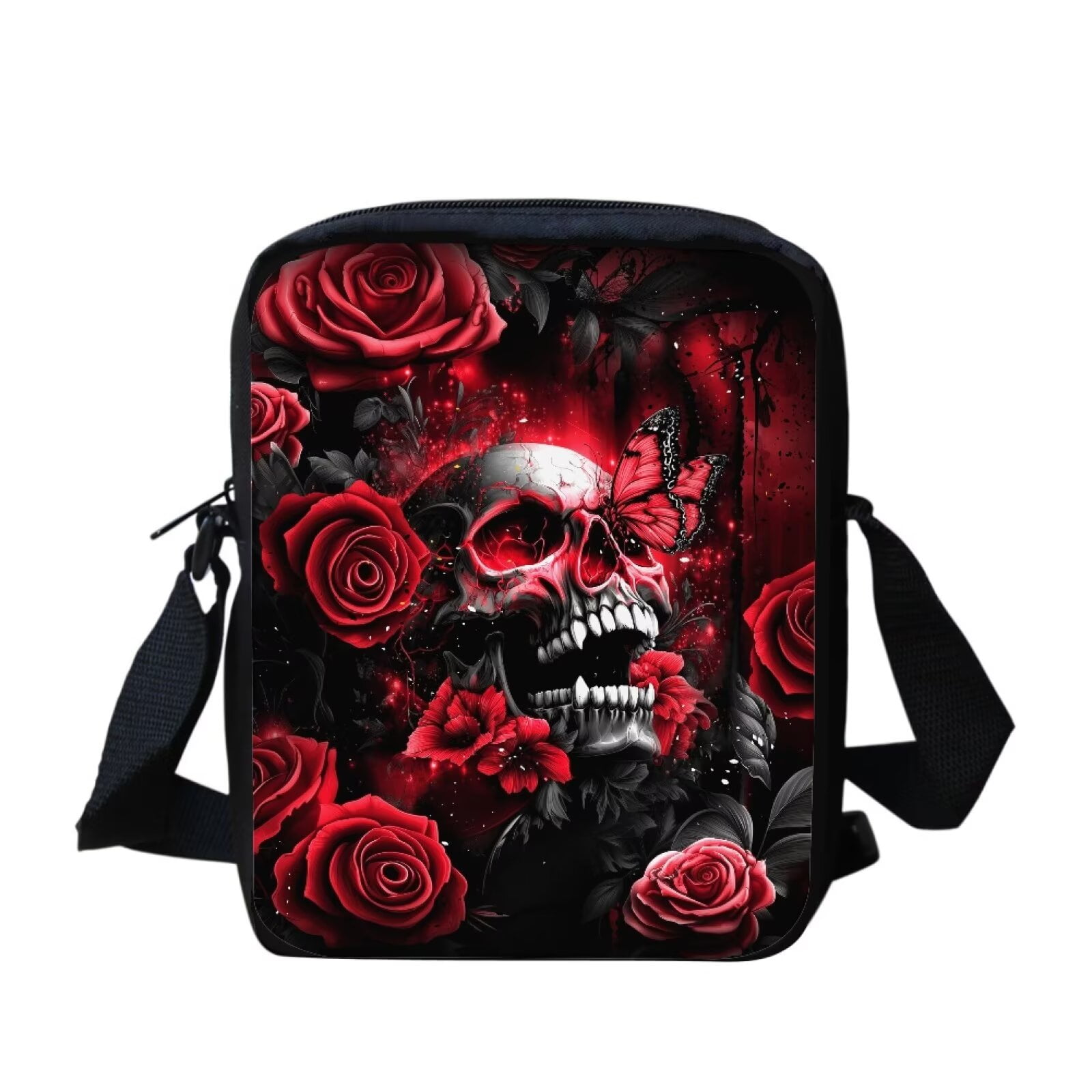 Binienty Gothic Messenger Bag Crossbody Skull and Red Rose Purse Crossbody Bag with Adjustable Strap for Women Men for Travel Outdoor Sports Halloween Gifts for Her