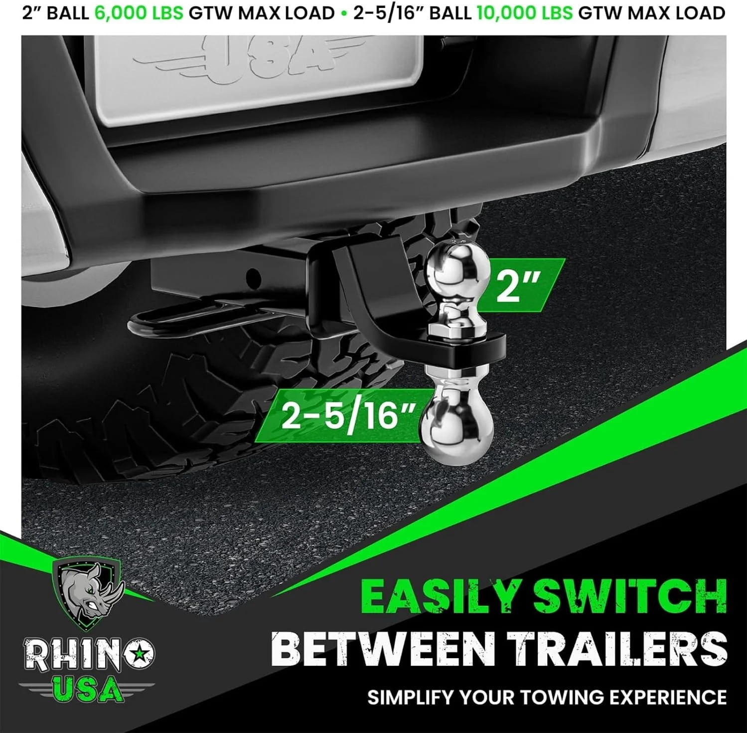 Rhino USA 2-Inch Dual Ball Hitch With Heavy Duty Reversible Tow Hitch for 2 Inch and 2-5/16 Trailers, Includes Weatherproof Anti-Theft Locking Hitch Pin
