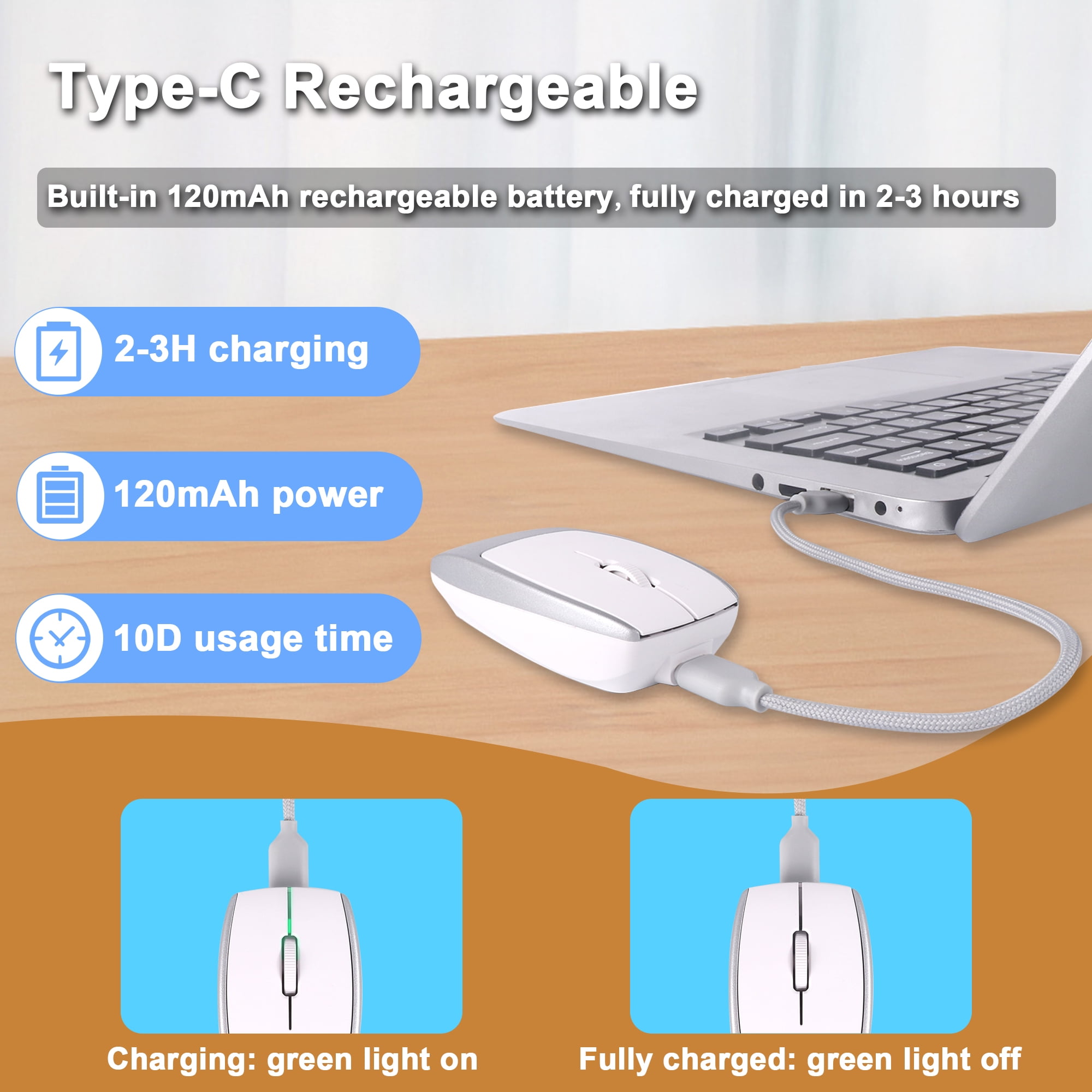 Dpisuuk Bluetooth Mouse Rechargeable Portable Mini Computer Mice with TF Card Reader Optical Lightweight Silent Wireless Mouse for Laptop Tablet Cell Phone Windows Mac OS Android iOS, Silver