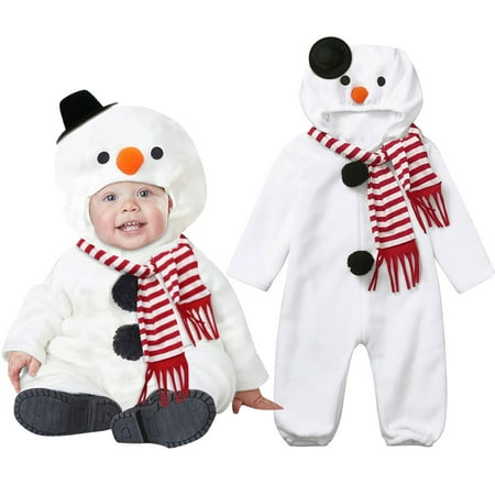 

0-24M Infant Baby Boys Girls Fleece Christmas Outfit Xmas Snowman Hooded Romper Hat Scarf 2Pcs Cosplay Set