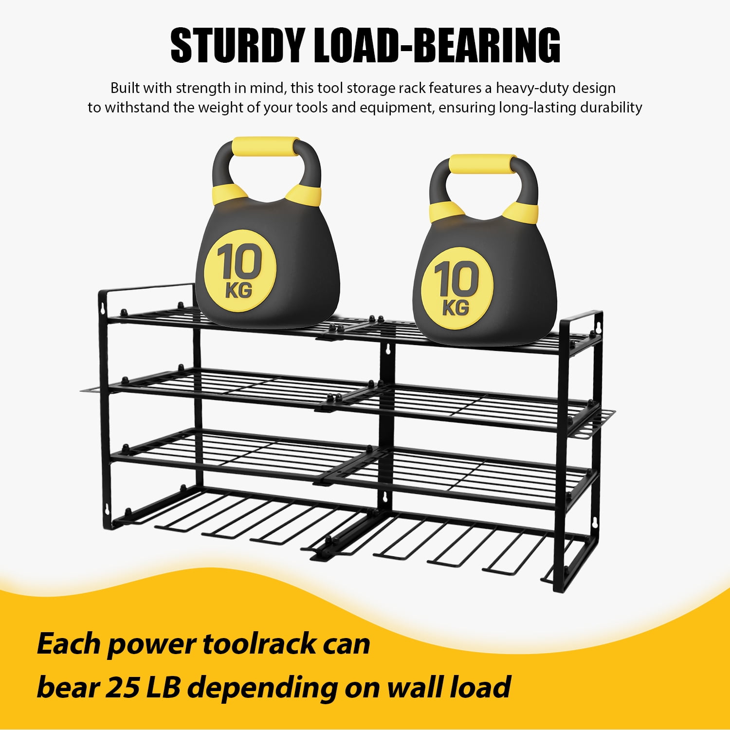Large Power Tool Organizer Wall Mount, 4 Large Layers Heavy Duty Metal Garage Organization Loads 300lbs with 8 Cordless Drill Holder, Power Tool Shelf for Workshop, Utility Racks