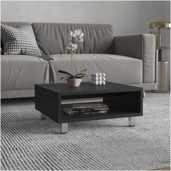 Modern Minimalist Square Coffee Table with Open Storage Shelf, Black Finish