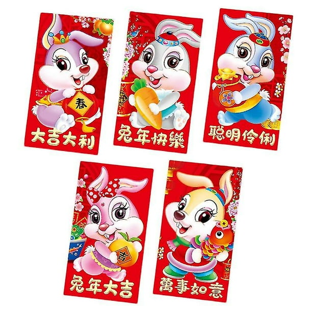 Sobres rojos con diseño de conejo de dibujos animados, papel recubierto estampado, sobres rojos con estampado de conejito para Año Nuevo, 5 uds.