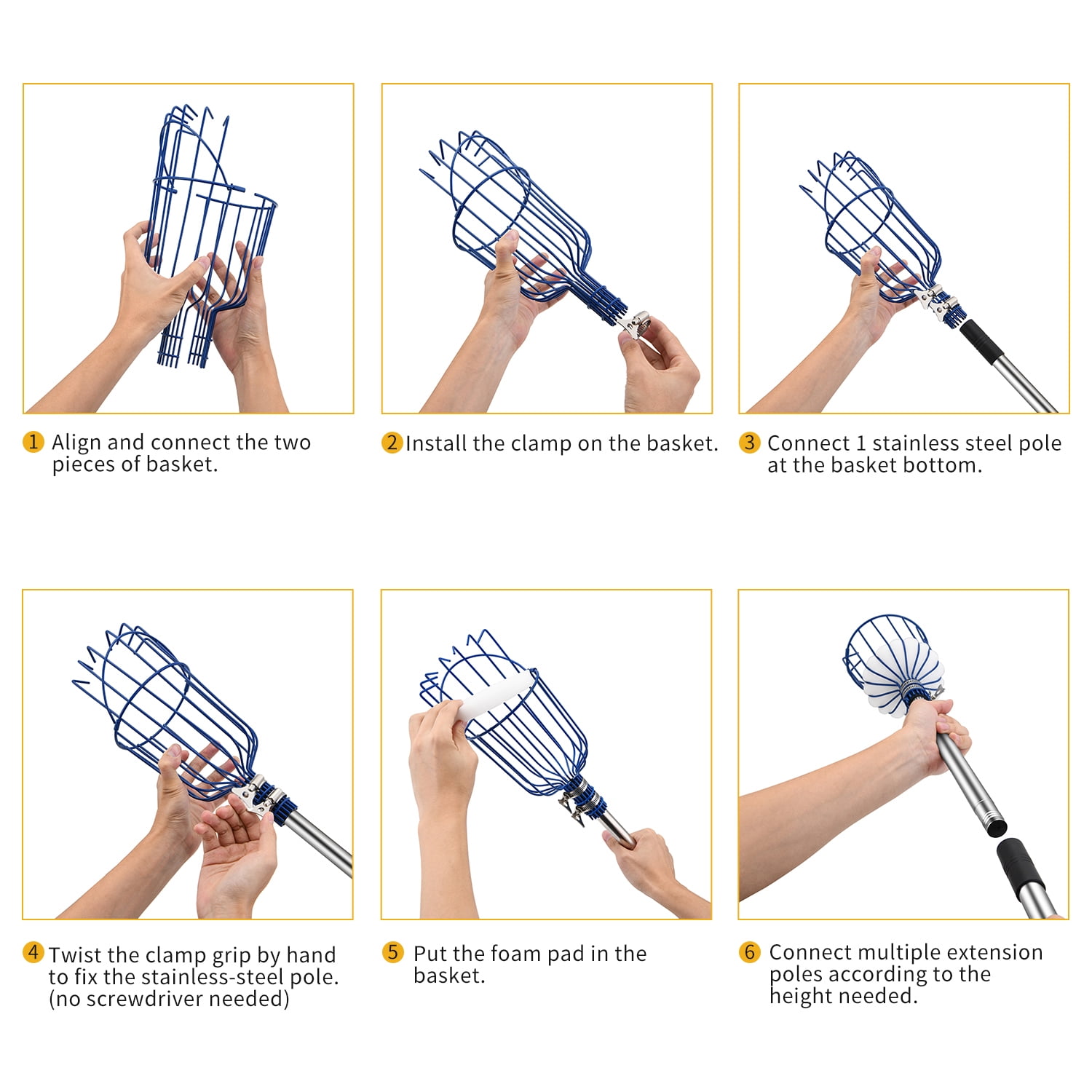 Cooltop Fruit Picker, 13 FT Picker Pole with Basket, Adjustable Fruit  Picker Tool with Stainless Steel Connecting Pole with Foam Pad, Metal Clamp