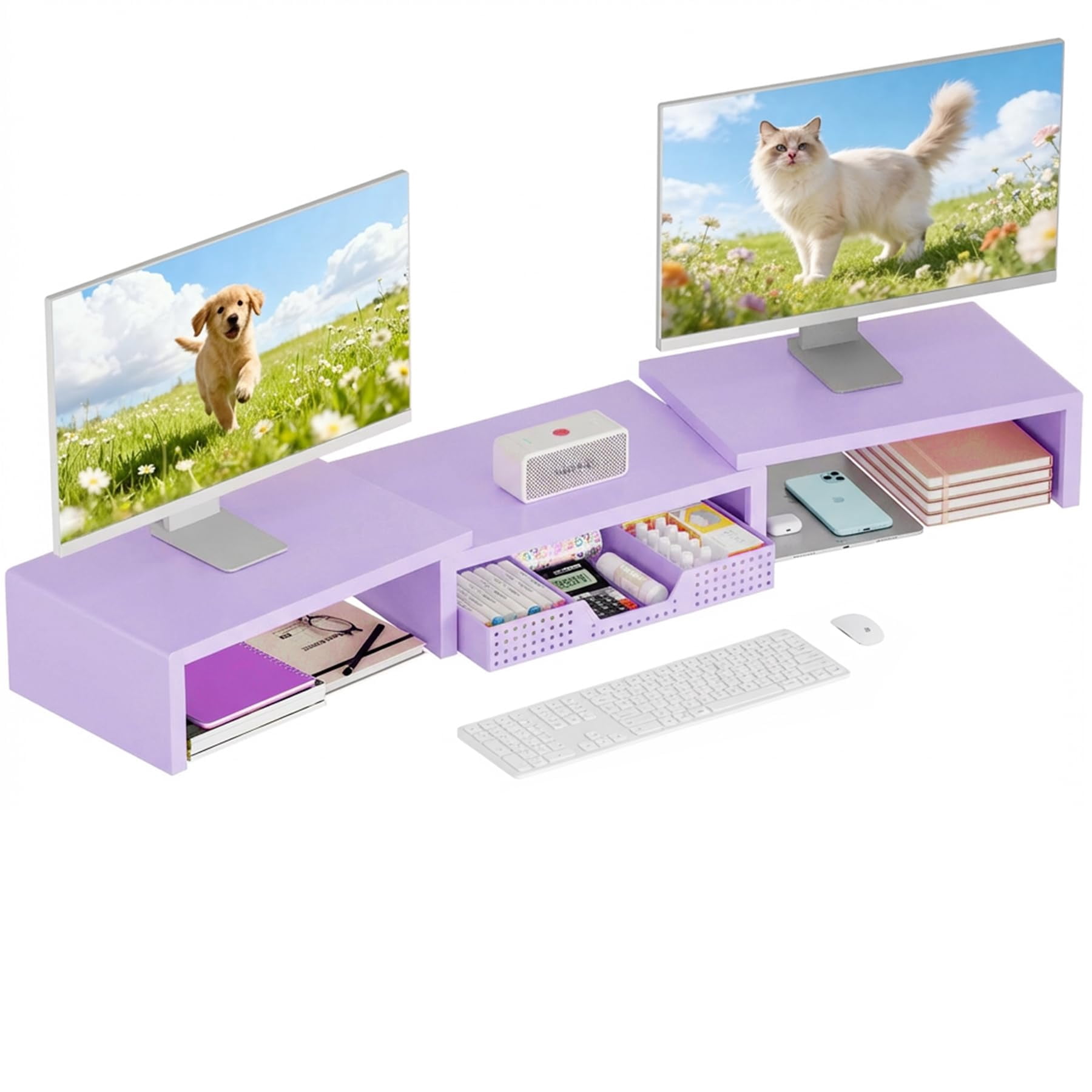 Dual Computer Monitor Stand Riser With Drawer  Workspace Desk Organizer Office Supplies Accessories For Women Purple