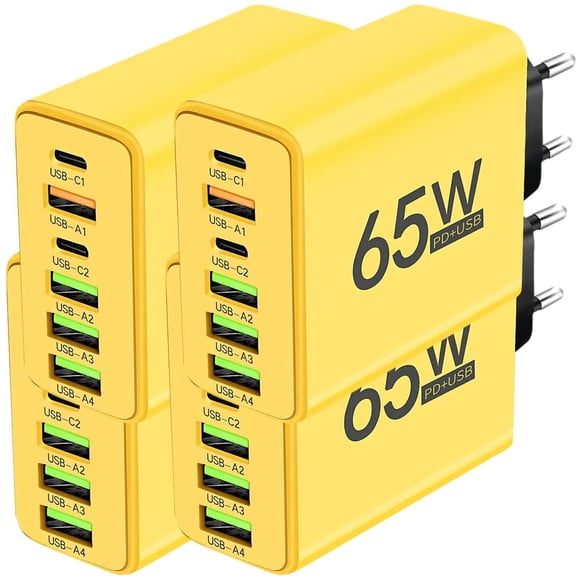 Cargador de Celular HotShot NexusYellowEU 4 Pzas 6 Puertos USB 5V 3A Max 65W 100-240V 50-80Hz EU Amarillo
