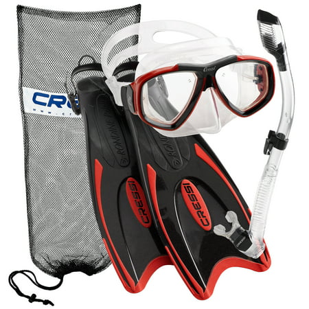 Cressi Palau Long Fins, Focus Mask, Dry Snorkel, Snorkeling Gear Package, Red -