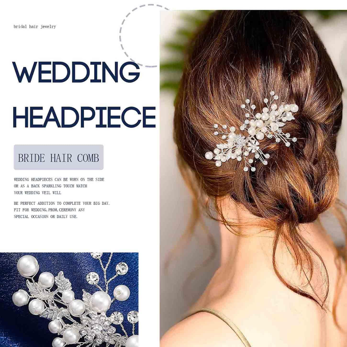 Wedding Hair Comb Rhinestone Silver Bridal Hair Pieces Flower Crystal Prom Headpiece Pearls Bride Hair Clips Bridesmaids Decorative Hair Side Combs Wedding Hair Accessories for Brides (Silver C)