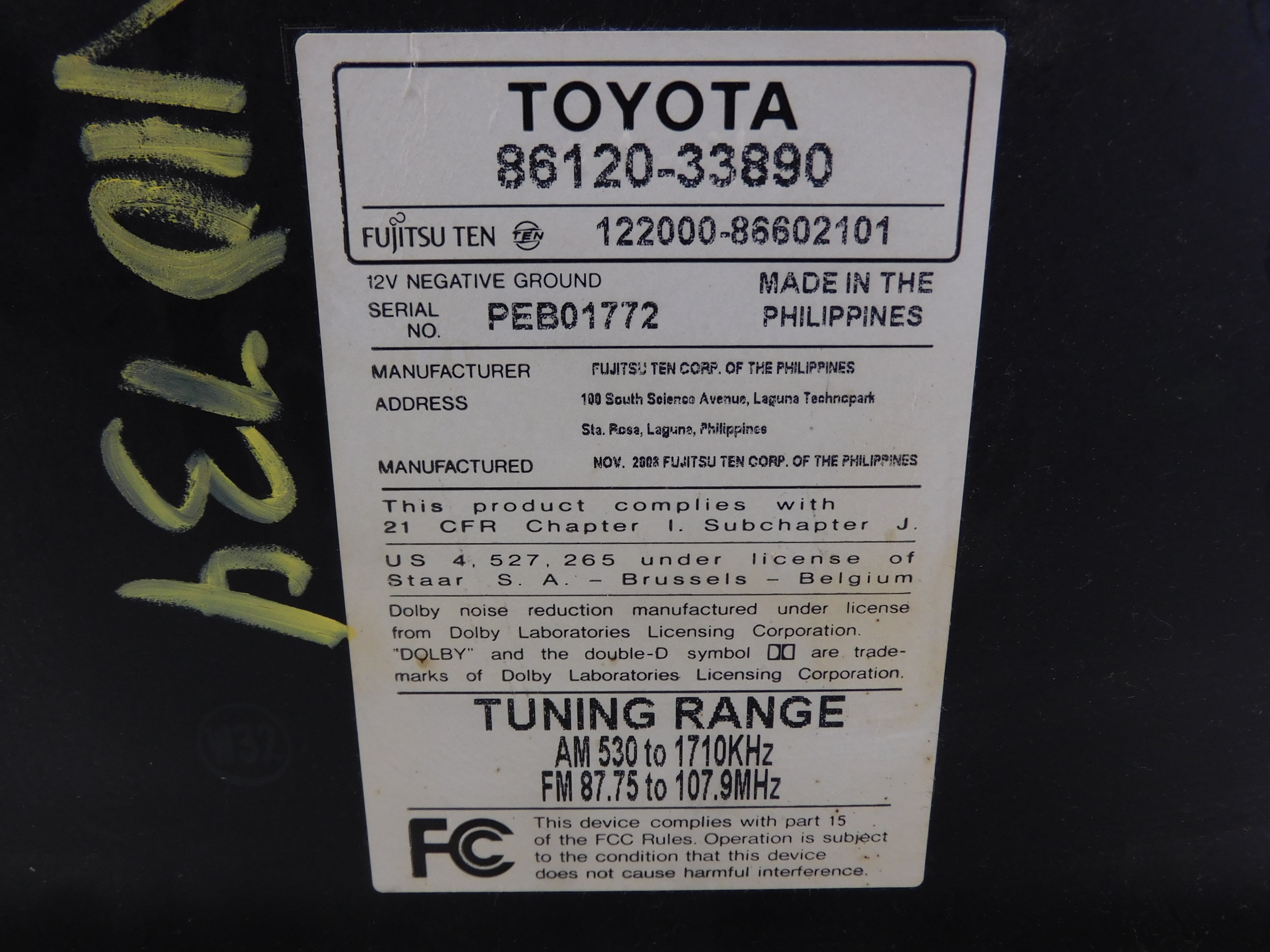 Pre-Owned 07 08 09 Toyota Camry CD Player Radio 11815 OEM LKQ - Verify Specific Vehicle Fitment In Description - (Good)
