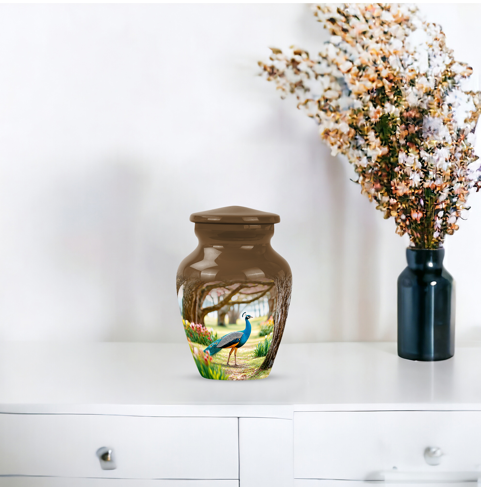 MUKTIVE Peacock Keepsake Urns for Human Ashes Adult Female 3 Inch, Colourful Flower Funeral Urn for Ashes Adult Male, Brown Cremains Ash Portable Urns