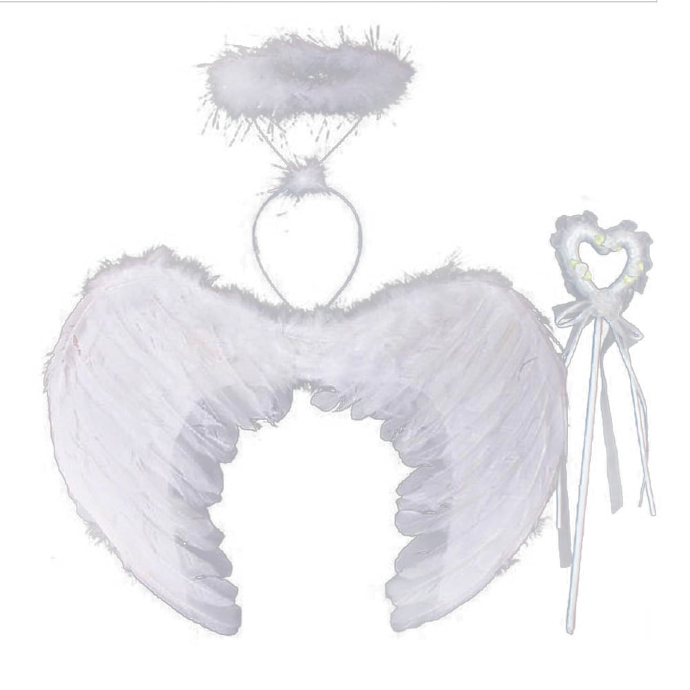 Kids Feather Wings Angel Fairy Halo Fancy Dress Costume Outfit Stage Party WHITE 