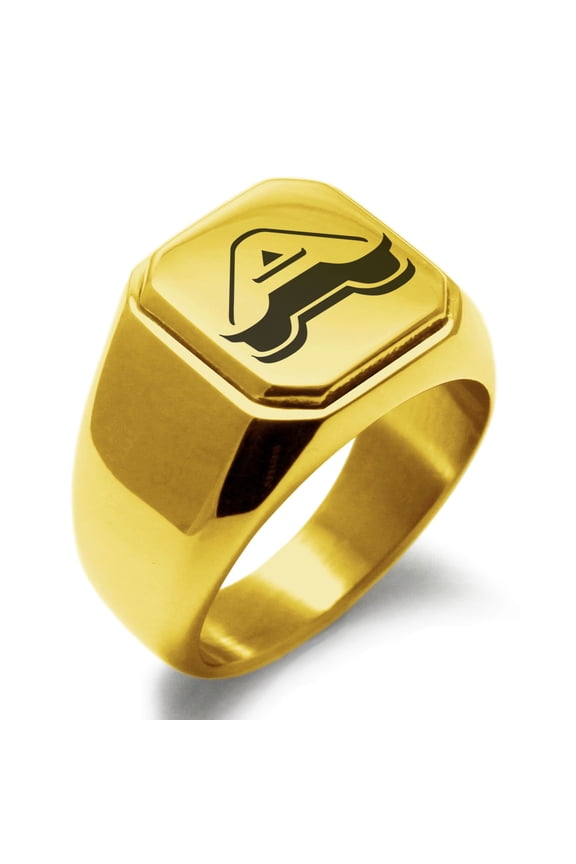 Stainless Steel Letter A Initial 3D Monogram Engraved Engraved Square Flat Top Biker Style Polished Signet Ring