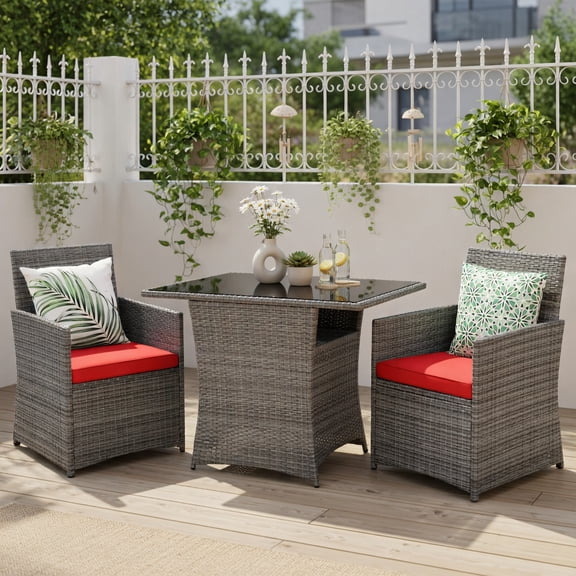 Topcobe 3 Pieces Patio Rattan Furniture Set with Cushioned Armrest Sofa, Outdoor Patio Furniture for Balcony Garden Backyard-Red