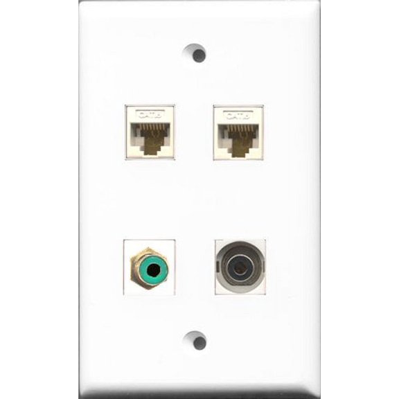 RiteAV 1 Port RCA Green and 1 Port 3.5mm 2 Port Cat6 Ethernet White Wall Plate
