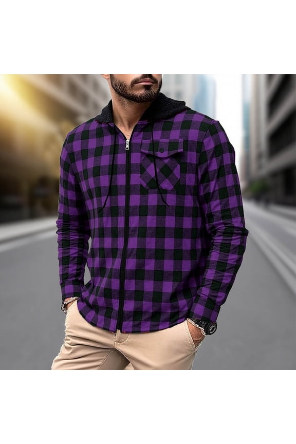 Men's Flannel Hoodie Shirts Casual Zip up Plaid Shirt Jackets for Men Long Sleeve Classic Hooded with Pockets Purple S