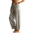 thumbnail image 4 of Resicozy Linen Pants Women Beach Vacation High Waist Elastic Drawstring Straight Leg Long Trousers with Pockets Cuffed Hem Gray M, 4 of 6