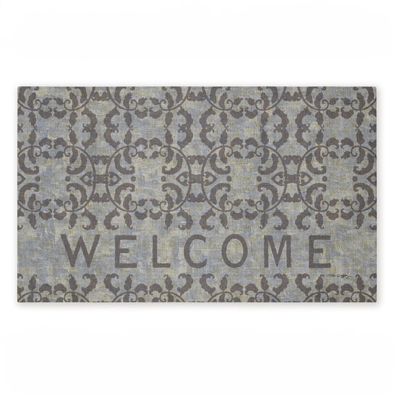 Gray Damask Welcome Printed Outdoor Door Mat, design by Tim Coffey, 18"x30"
