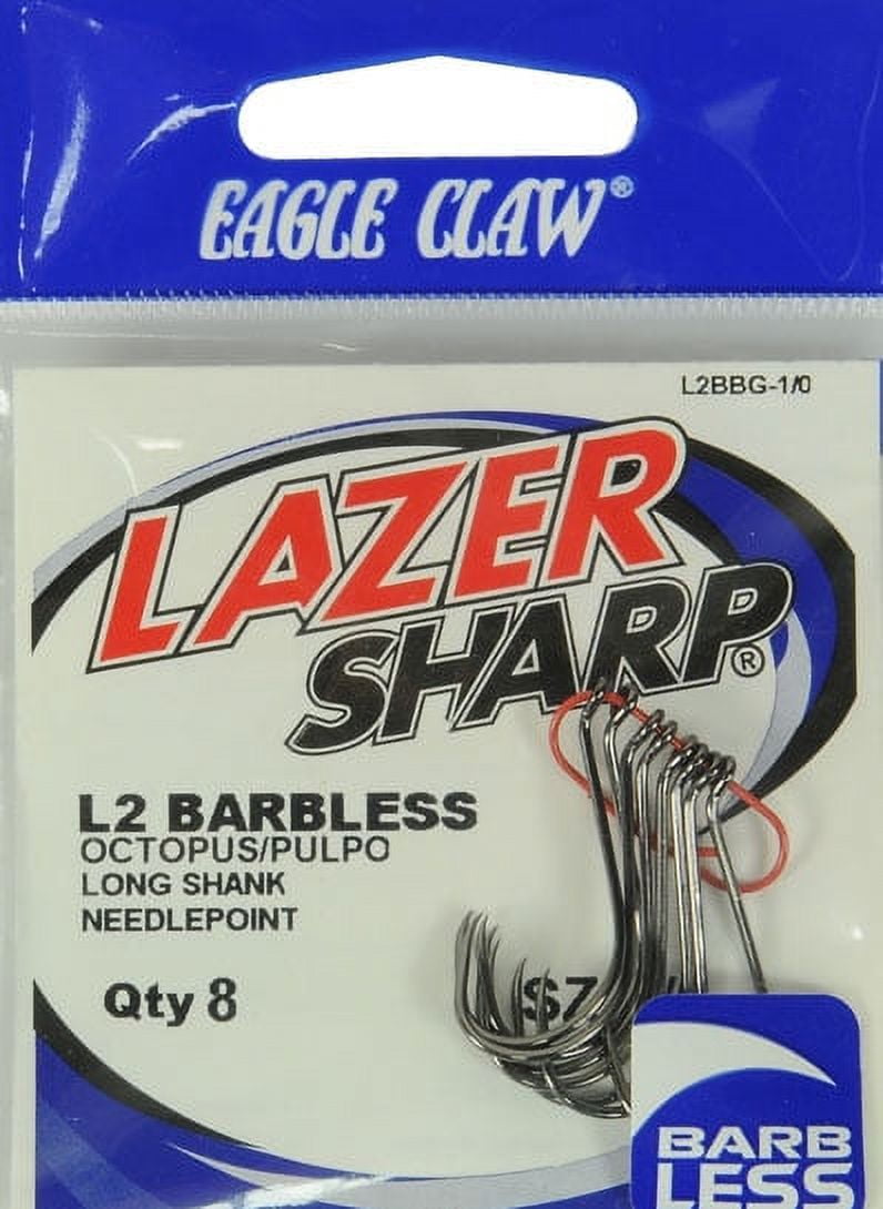 (6 pack) Lazer Sharp L2BBGH-1/0 Barbless Long Shank Octopus Hook, Size 1/0, 8 Pack