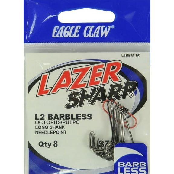 Lazer Sharp L2BBGH-1/0 Barbless Long Shank Octopus Hook, Size 1/0, 8 Pack