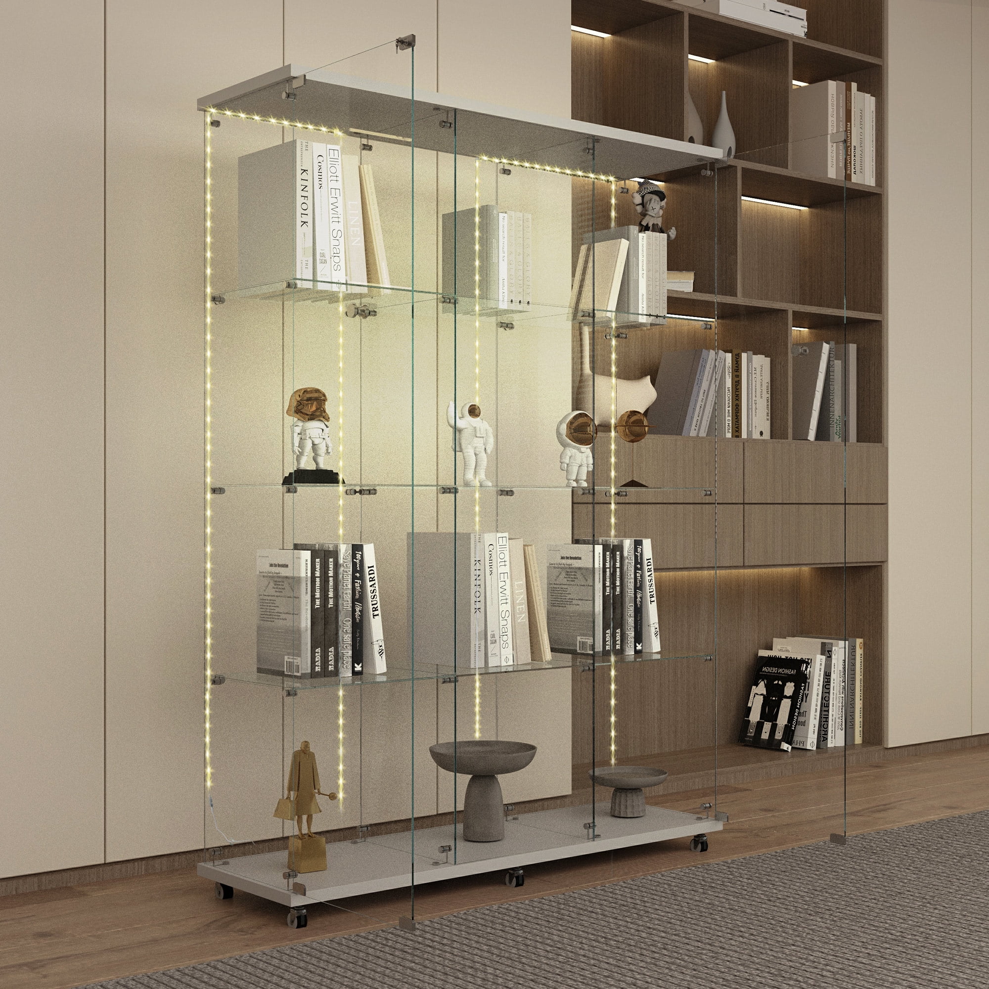 MAYEERTY 4 Tiers Glass Display Cabinet with Bluetooth LED Light Strip, Curio Storage Cabinet with 3 Door Wheels and Lock, Wood Top, White