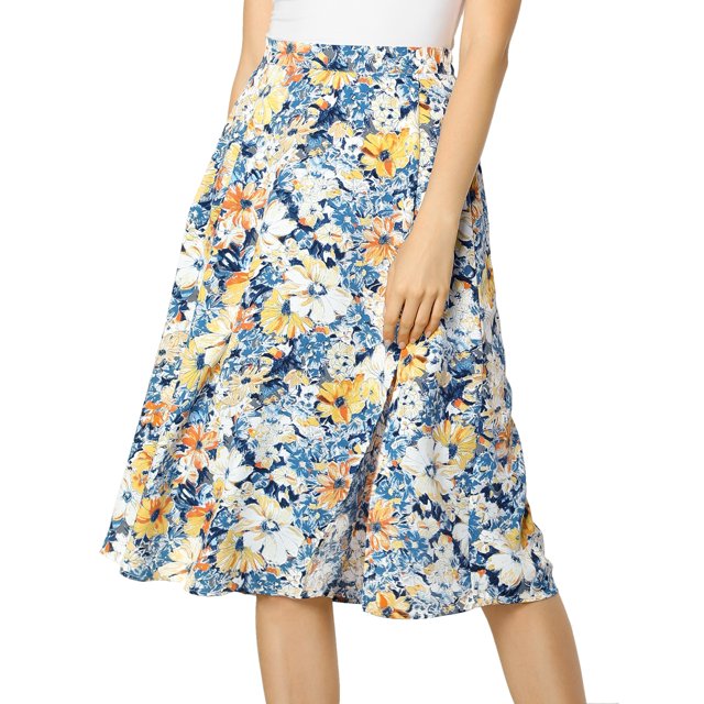 Falda A Media Pierna Allegra K Con Abertura En La Cintura Y Estampado Floral Para Mujer Azul L