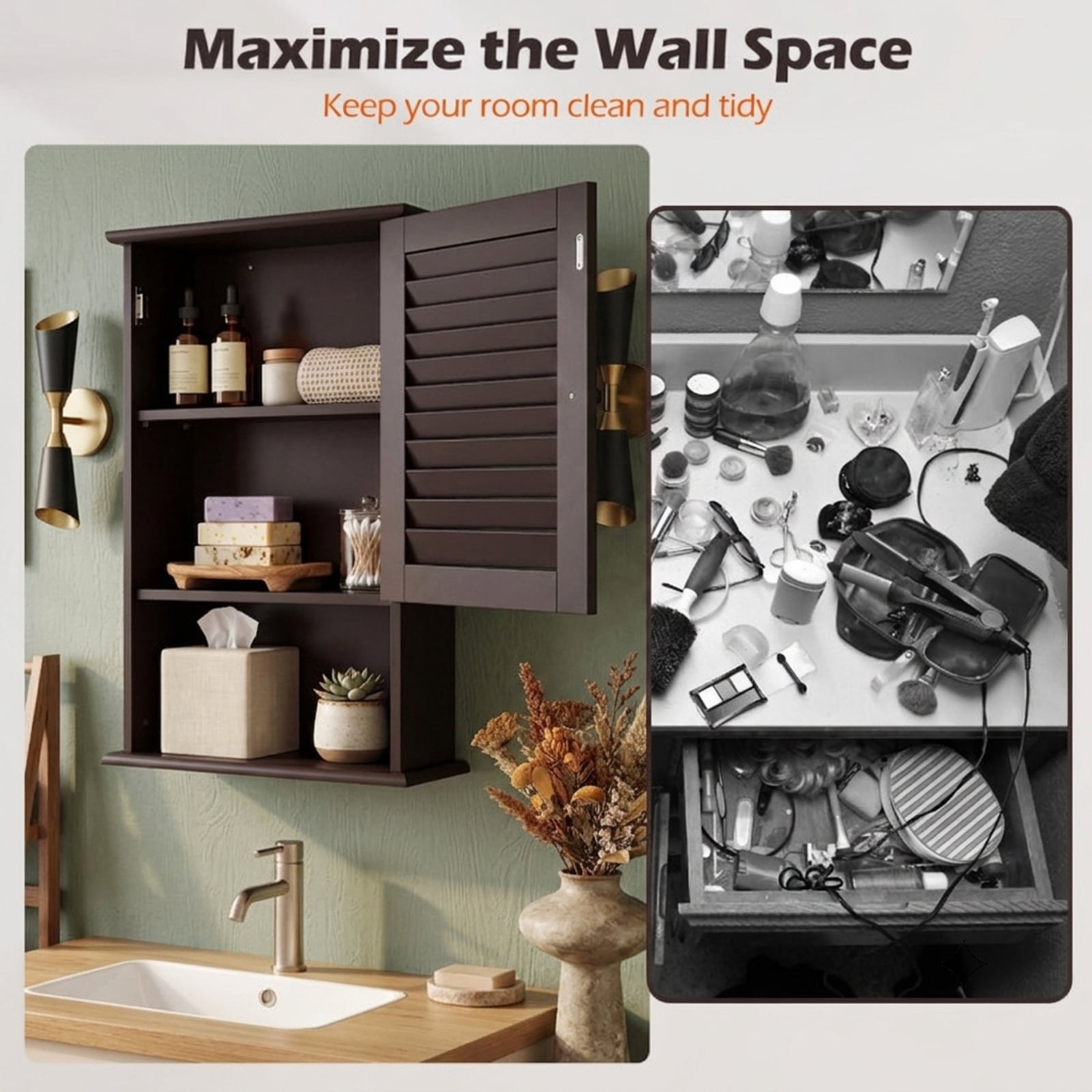 Vebreda Wall Mount Bathroom Storage Cabinet with Louvered Single Door and Adjustable Shelf for Small Bathroom Laundry Room Organizer, Brown