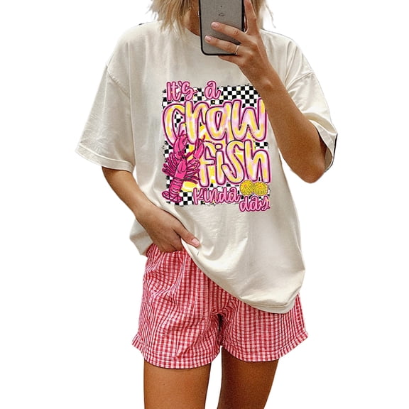 Women's White Crawfish Checkered Pattern Graphic Tee with Fun Slogan - [ZhiHiMeRi] | (US 20-22)2XL