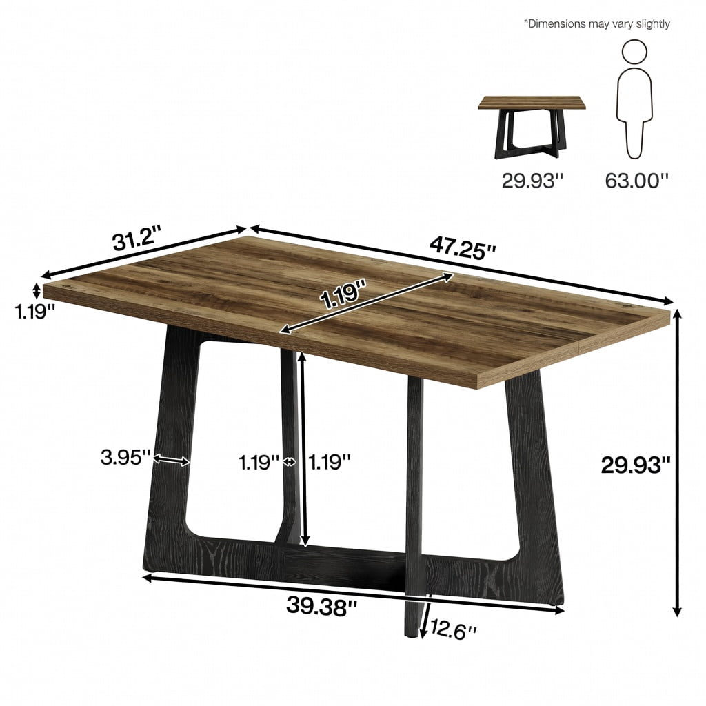Hommoo 47 Inch Farmhouse Dining Table for Small Spaces, Sturdy Pedestal Kitchen Table for 2 to 4 People, Wood Grain & Black Metal Industrial Design, Brown