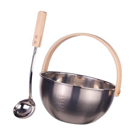 Stainless Steel Sauna Bucket And Ladle Set, Wooden Handle, Bathroom Sauna Accessory, Convenient, Comfortable to Grip, Lightweight,