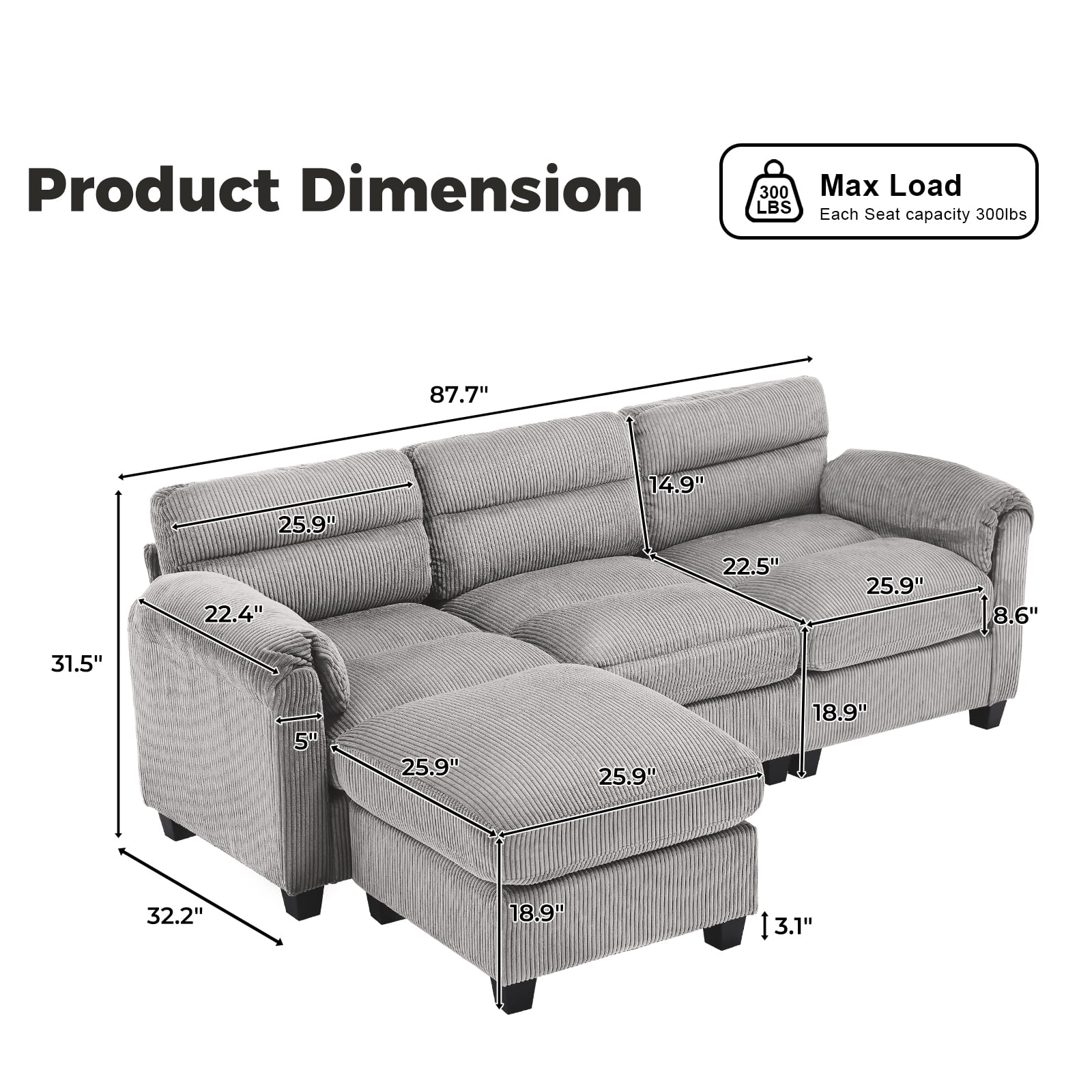 Bonzy Home Modular Sectional Sofa With Ottoman, Ultra‑Comfort Seating – Configurable for Living Room & Family Room; Gray