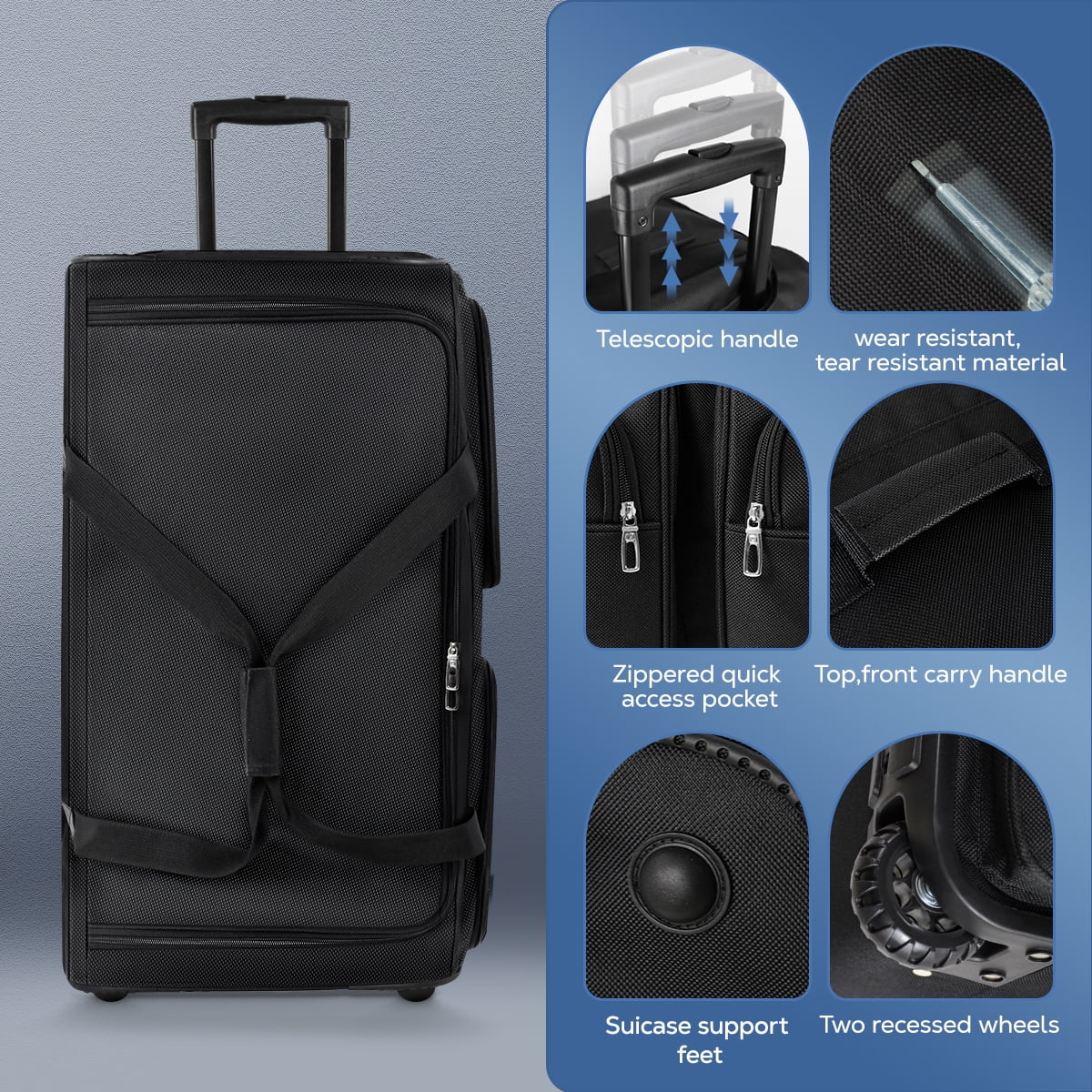 42 Inch Rolling Duffle Bag with Wheels, Extra Large Collapsible Travel Luggage for Long Trips & Outdoor Activities, Black, TB328