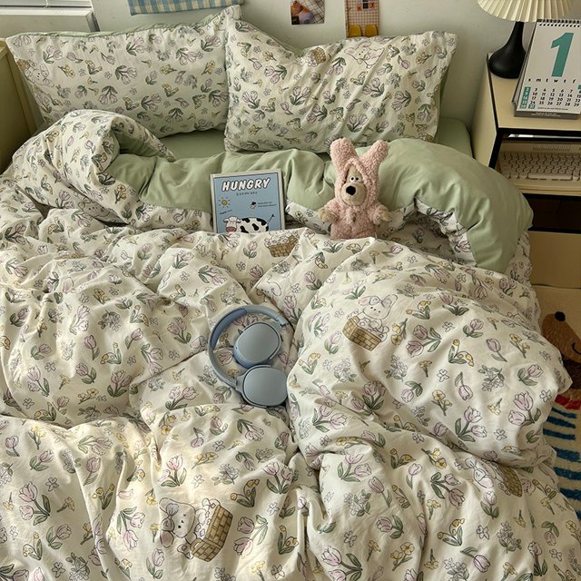 Double Print Waffle Cotton Bedding Set with Duvet Cover Pillowcases for Home