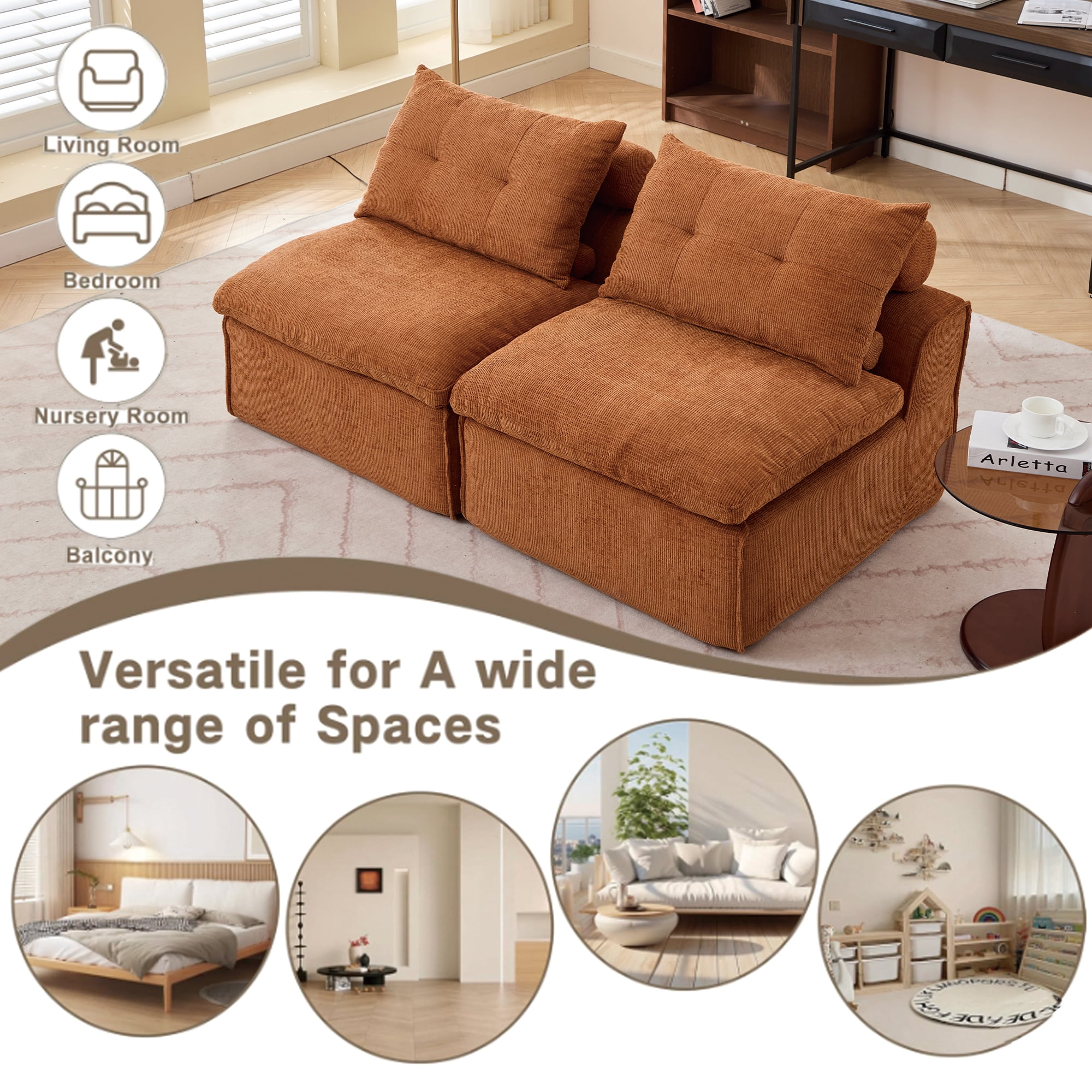 Miniyam Modular Floor Sofa with Lumbar Pillow, Armless Chenille Lounge Chair for Small Spaces, Orange