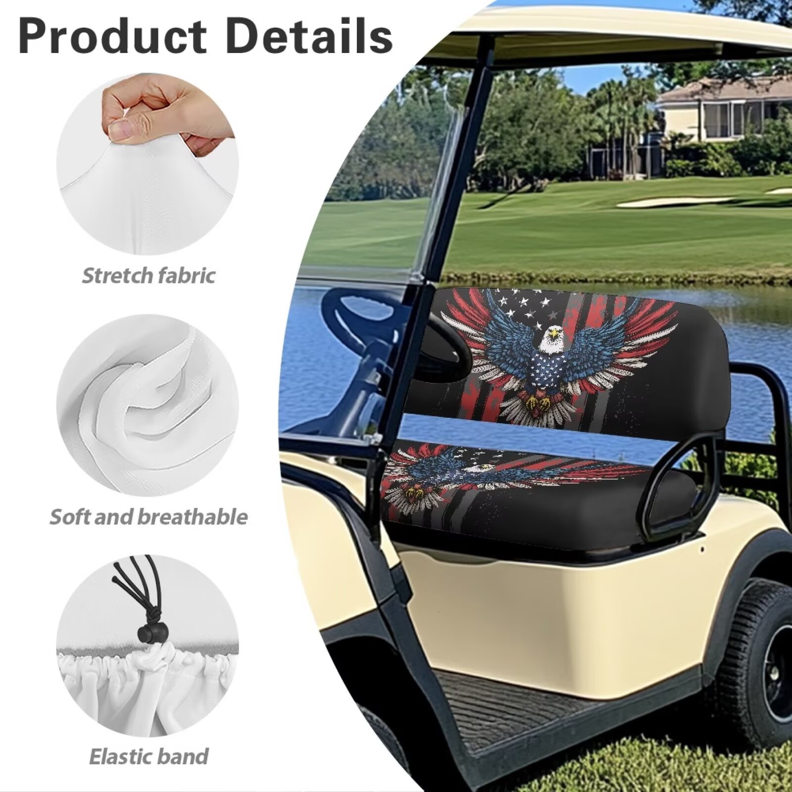 Pzuqiu Eagle Print Golf Cart Seat Covers 2 Passenger Breathable Universal American Flag Golf Cart Seat Blanket Portable Easy Install and Clean Suitable for All Seasons