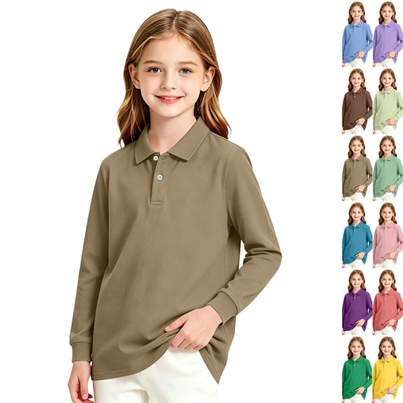 Girl's Long Sleeve Polo Shirt Stretch Pique Polo Shirts School Uniform Camel,3-4 Years