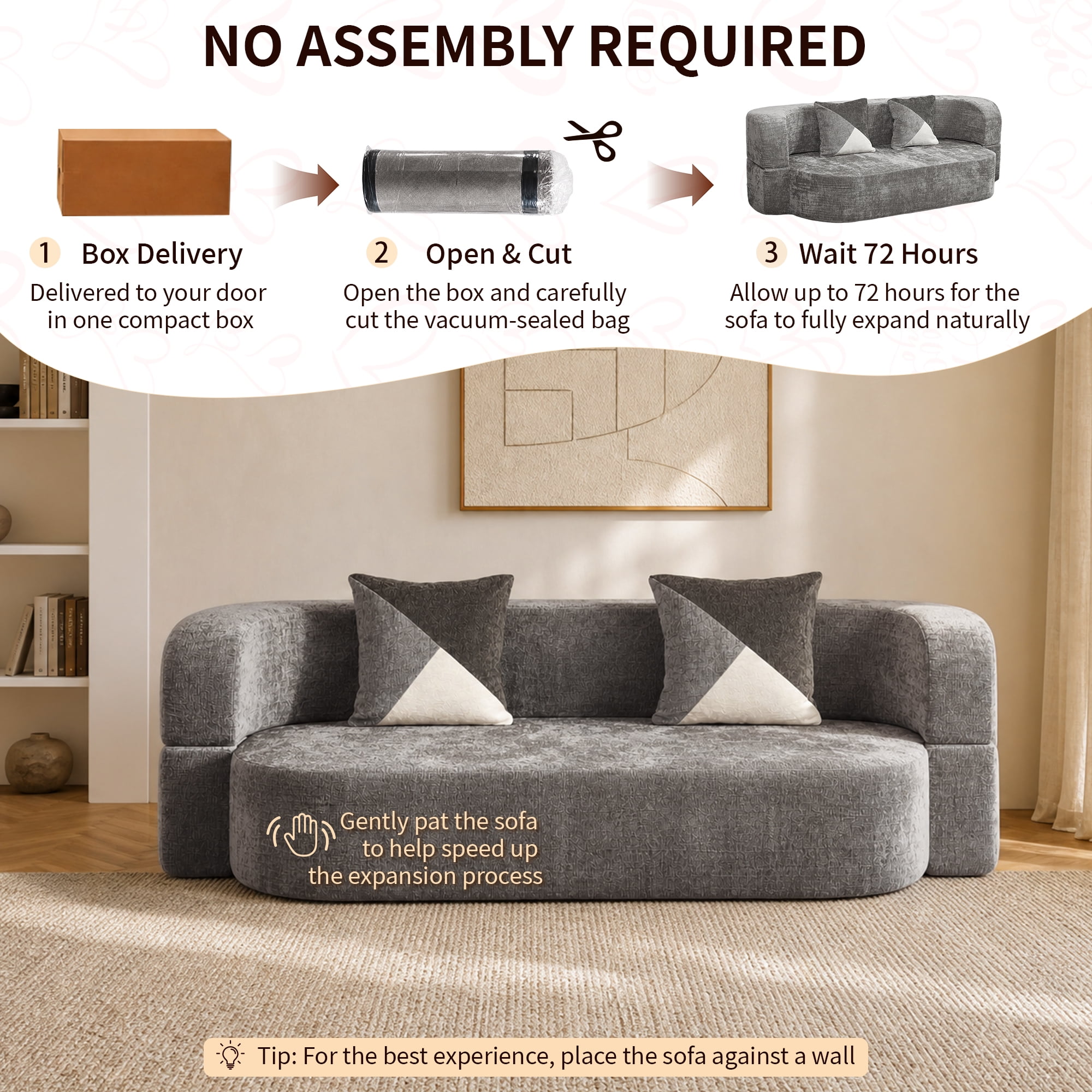 78.74"W Eggshell Convertible Sofa,Floor Couch,Sleeper Sofa Bed,No Assembly High-Density Sponge Loveseat with 2 Pillows for Living Room, Apartment,Small Spaces,Charcoal Gray