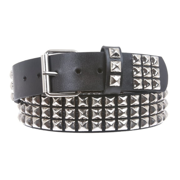 Snap On Three Row Punk Rock Star Metal Silver Studded Full Grain Cowhide Leather Belt