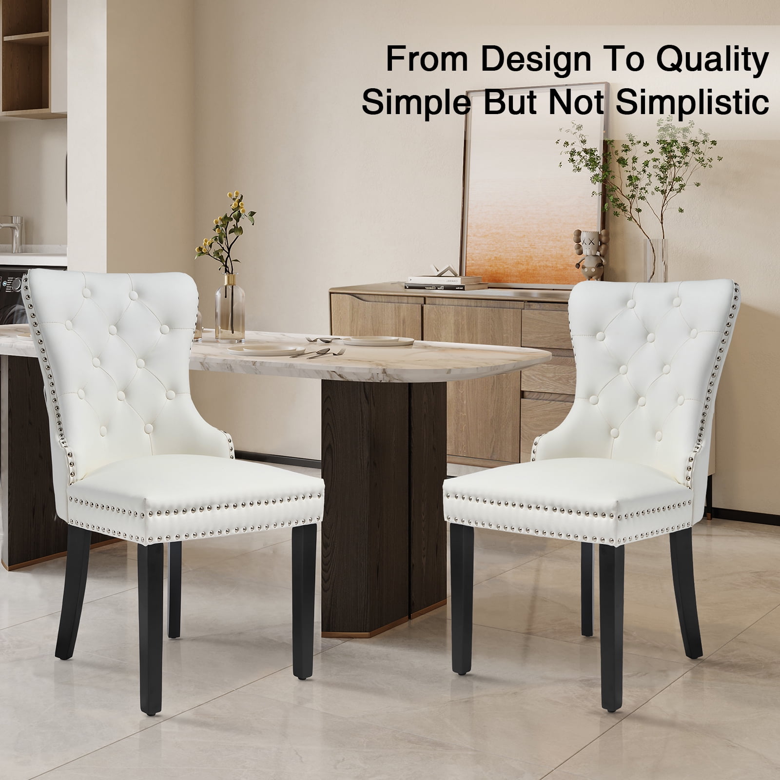 Foredo PU Leather Dining Chairs Set of 2, Tufted Upholstered Dining Room Chair with Pull Ring and Solid Wood Legs, White