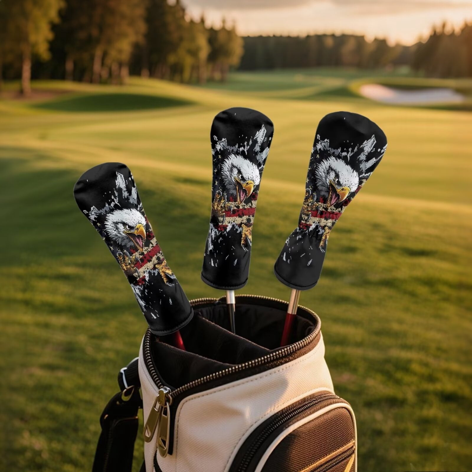 Uorisanigo 3pcs Golf Club Head Covers American Flag Bald Eagle Headcovers Set Includes Golf Driver Headcover, Fairway Wood Cover, Hybrid Cover, Golfing Accessories for Men Women