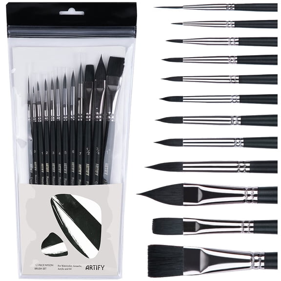 ARTIFY 12 Pieces Watercolor Paint Brushes, Intermediate Series, Synthetic Nylon Brushes for Watercolor, Acrylic, Gouache & Oil Painting, Includes Round, Flat, Cat's Tongue