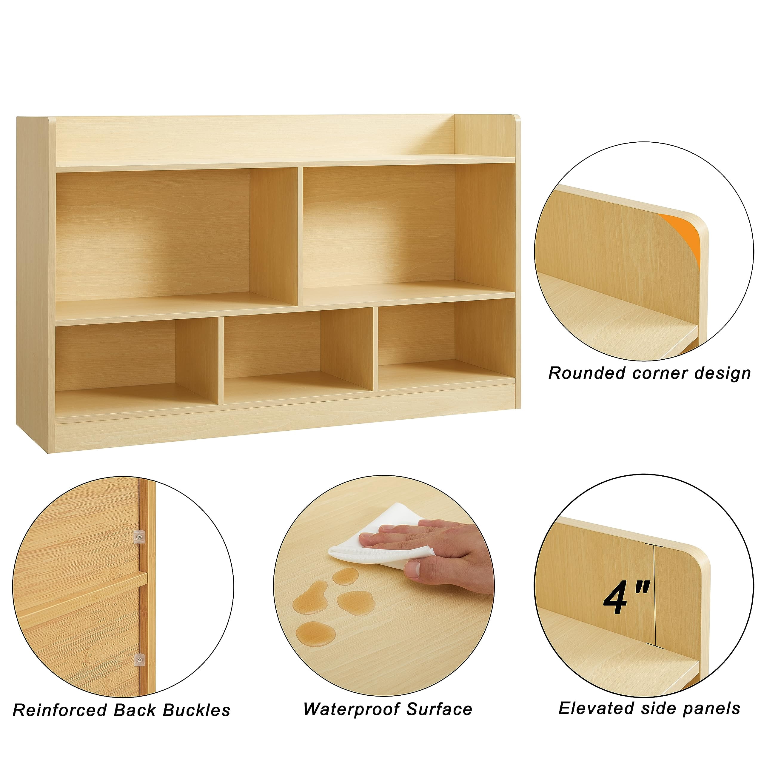 Kids Toy Storage Organizer, 5-Section Bookshelf for Organizing Books Toys, Wooden Storage Cabinet Daycare Furniture for School, Classroom Playroom, Nursery, Kindergarten