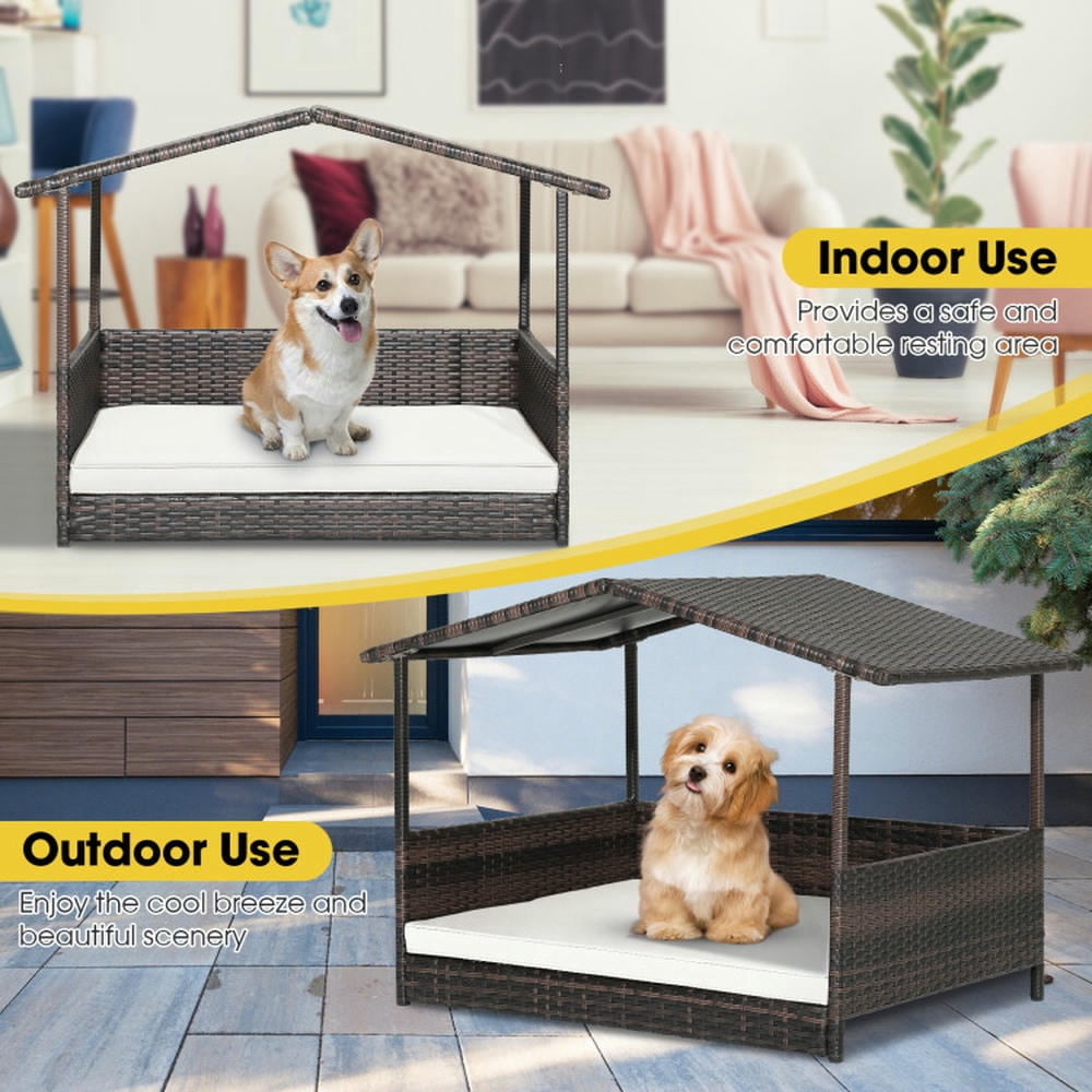 Barara King Dog Crate, Pet Crate, Pet Kennel, Outdoor Wicker Dog House with Weatherproof Roof-White
