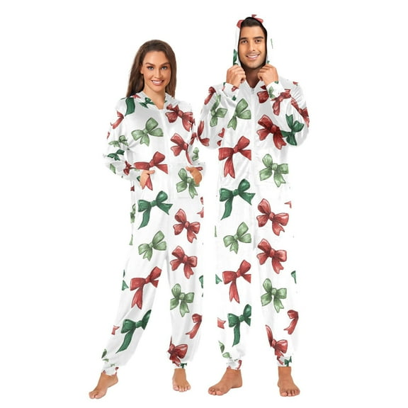 Adult Christmas Onesie Red Green Bow Adult Zipper One-Piece Pajamas Unisex Pajamas with Pockets