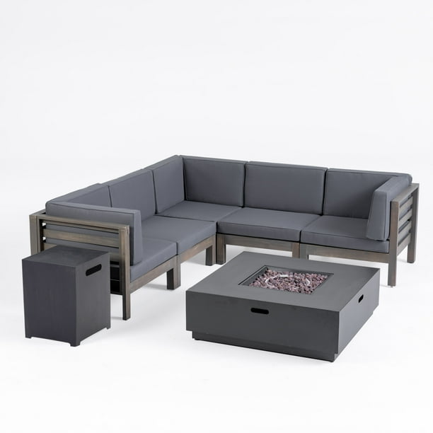 Annabelle Outdoor V Shaped Sectional Sofa Set With Fire Pit 7 Piece 5 Seater Acacia Wood Cushions Gray And Dark Com Annabelle Outdoor V Shaped Sectional, Patio Sectional Sofa With Fire Pit