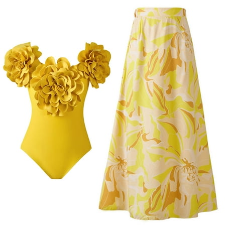 Brnmxoke Women s One Piece Swimsuit with Cover up Beach Skirt Sarong  Two Piece 3D Flower Printed Monokini Swimsuit Bathing Suit with Build in Bra Yellow L