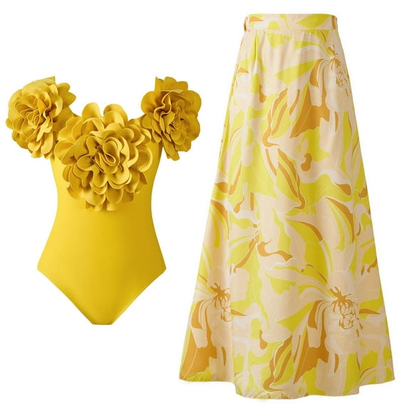 Delliss Women's One Piece Flower Swimsuit with Cover up Set Beach Long Skirt Swimsuit Two Piece Bathing Suit