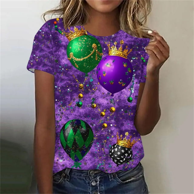 Ounisa 2025 Womens Short Sleeve Tops Mardi Gras Costumes Fashion Round Neck Color Printed Blouse
