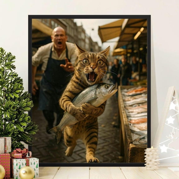 Funny Cat Posters, Thief Cat with Fish Print, Animal Humor Art, Tabby Cat at Market, Quirky Wall Decor, Cat Lover Gift Idea, 8x12