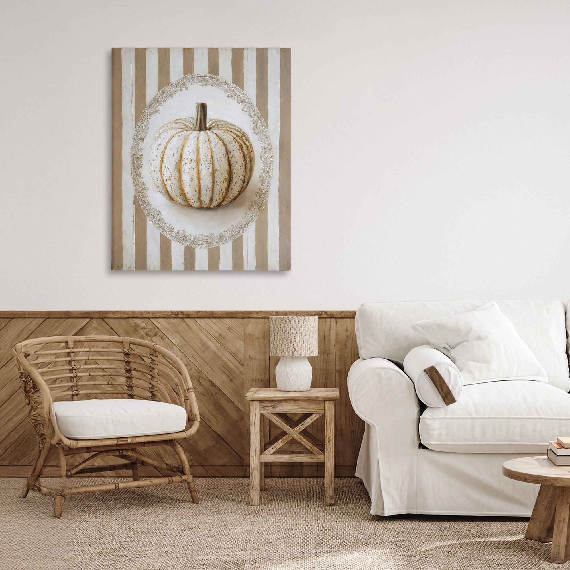 Beige Stripes Pumpkin Canvas Wall Art, design by Arlington Prints