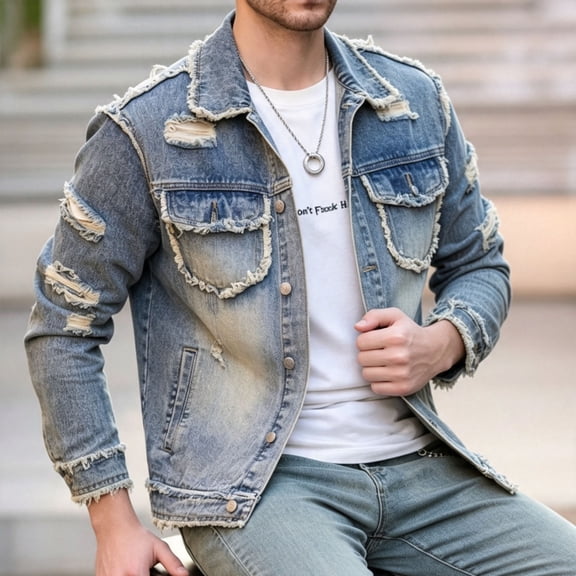 Men Denim Jacket Solid Color Vintage Coat Long Sleeve Turndown Collar Button Placket Top with Pockets Fashion Streetwear for Daily Outdoor Party Travel Fall Casual Wear